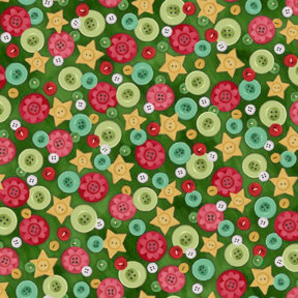 Buttons Green Cotton Fabric Happiness is Homemade QT Fabrics 28911-G Cut to Size Fat Quarters FQ BTY Half Yard Christmas sewing holiday star