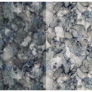 May include: Abstract art print with a blue, gray, and white color scheme. The print features a marbled, swirled pattern.
