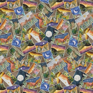 May include: A repeating pattern of watercolor art cards featuring desert landscapes, owls, moons, and cacti. The cards are in shades of blue, orange, green, and brown, creating a textured, artistic design. The background is a solid brown color.