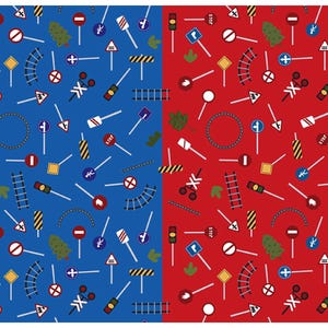 May include: A repeating pattern of various road signs, railroad crossings, and traffic signals on a blue and red background. The signs are white, yellow, and red, with green trees and black railroad tracks.