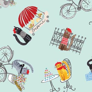 Bicycle Cats Cotton Fabric, Cats in Paris 16454 Terry Runyan Benartex FQ Fat Quarter Eighth BTY by Yard Precuts Modern Cute Kitty Cat Travel