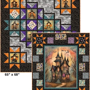 May include: Two patchwork quilts featuring Halloween themes. The larger 65" x 68" quilt displays witch illustrations and star patterns in black, orange, and purple. The smaller 47" x 56" quilt features a central haunted house illustration with a border.