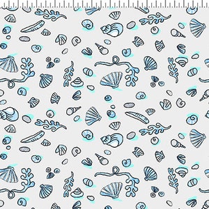 May include: A seamless pattern featuring a variety of blue seashells, seaweed, and pebbles on a white background. The pattern is perfect for fabric, wallpaper, or other decorative projects.