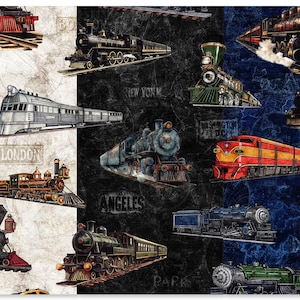 May include: A collage of vintage train illustrations on a textured background. The image features various locomotives in shades of red, black, green, and silver, set against a backdrop with city names like Paris and London.