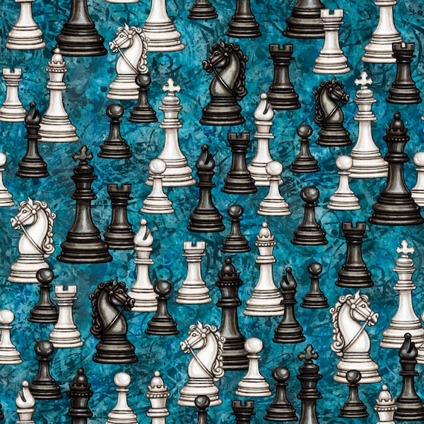 Large Chess Pieces Cotton Fabric Checkmate Dan Morris QT Fabrics  28662Q  FQ Fat quarters eighths half yard BTY sewing quilting guy man cave