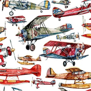 May include: A watercolor illustration of vintage airplanes in various colors and designs. The airplanes are flying in different directions and some have numbers on them.
