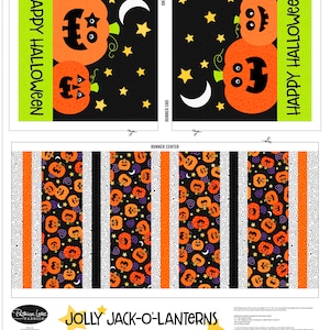 May include: A Halloween table runner pattern featuring a black background with orange jack-o-lanterns, white stars, and crescent moons. The pattern is repeated across the runner. The text "Jolly Jack-O-Lanterns" is printed in yellow with black outlines. The text "15" x 63" Table Runner (Adjustable Length)" is printed in black with yellow outlines.