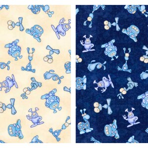 May include: Two fabric swatches with a repeating pattern of blue aliens with different poses and expressions on a white and blue background.