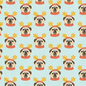 May include: A repeating pattern of pugs wearing reindeer antlers on a light blue background. The pugs are all wearing red sweaters and have a grumpy expression.