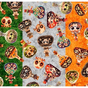 May include: A fabric pattern featuring a repeating design of various glass potion bottles filled with skulls and bones, set against vertical stripes of textured green, gray, and orange backgrounds. The bottles vary in shape and color.