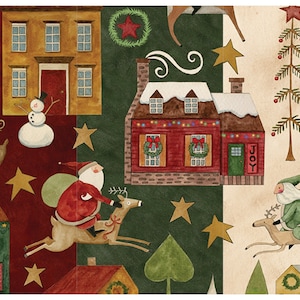 May include: A festive Christmas illustration featuring Santa Claus and a helper riding reindeer, delivering gifts to houses decorated with wreaths and stars. The scene includes a snowman, a Christmas tree, and the word "JOY" on a house door.
