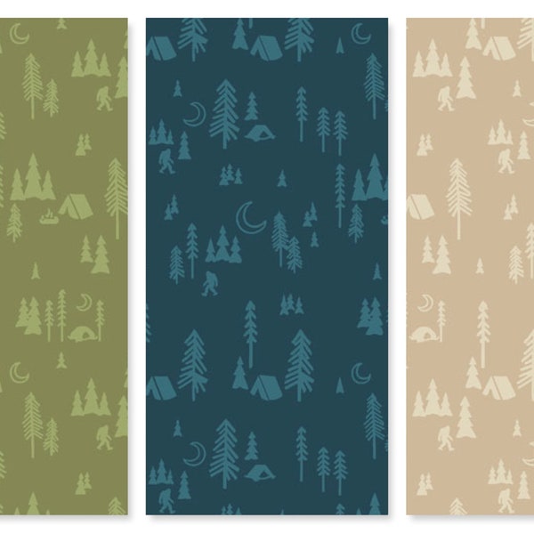 Night Camp Cotton Fabric, Bear Camp Trail Clothworks Y4056 Cryptids Bigfoot Camping Trip Decor FQ Fat Quarter Eighth BTY By The Yard precuts