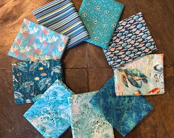 9 pc Under the Sea Fat Quarter Bundle, Benartex, FQ Precuts Set, Beach Ocean Marine Life  Turtle Fish Bubble Water