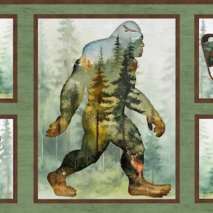 May include: A Bigfoot-themed panel featuring a central image of the creature overlaid with a forest scene. Surrounding images include footprints, a sign reading "Welcome to Bigfoot Country," and an arrowhead design, all with Bigfoot imagery.
