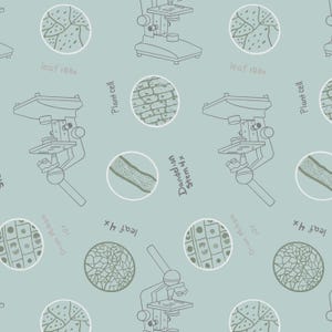 May include: A repeating pattern on a light blue background features line drawings of microscopes and circular illustrations of plant cells and leaves. Text includes "leaf 100x", "Plant cell", "Dandelion Stem 4x", "leaf 4x", and "Onion Mitosis 10x".