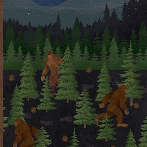 May include: Vertical illustration of a forest scene at night, featuring a full moon, mountains, and evergreen trees. Brown Bigfoot figures are interspersed among the trees, with footprints and pinecones scattered on the ground.