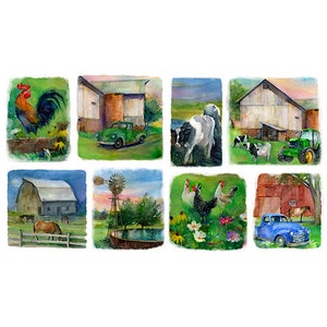 May include: A set of nine watercolor illustrations depicting scenes from a farm. The illustrations feature a rooster, a red barn, a blue truck, cows, chickens, a windmill, and a green tractor.