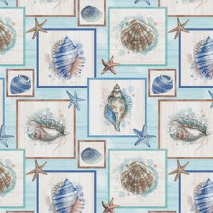 May include: A repeating pattern featuring watercolor illustrations of seashells, starfish, and small blue vases. The design incorporates square frames with light blue and brown borders, set against a light blue wood-grain background. The color palette includes shades of blue, brown, and beige.