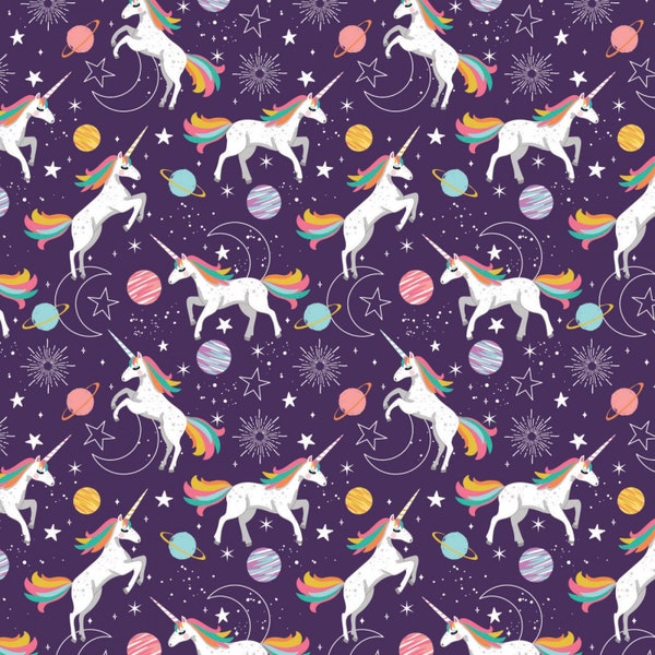 Celestial Unicorns Cotton Fabric, Magical Space Unicorn Camelot Fabrics FQ Fat Quarter Eighth Half Yard BTY by the yard star moon