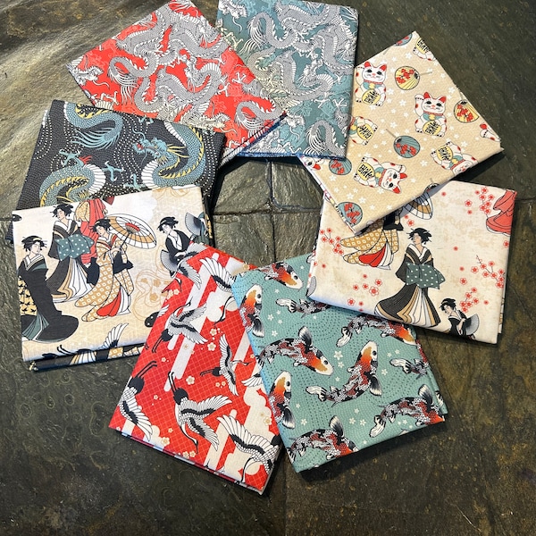 8 pc Kimonos and Koi Fat Quarter Bundle, Paintbrush Studios, Oriental Asian FQ Precuts Japanese Year Dragon Lucky Cat Geisha Crane LNY Decor