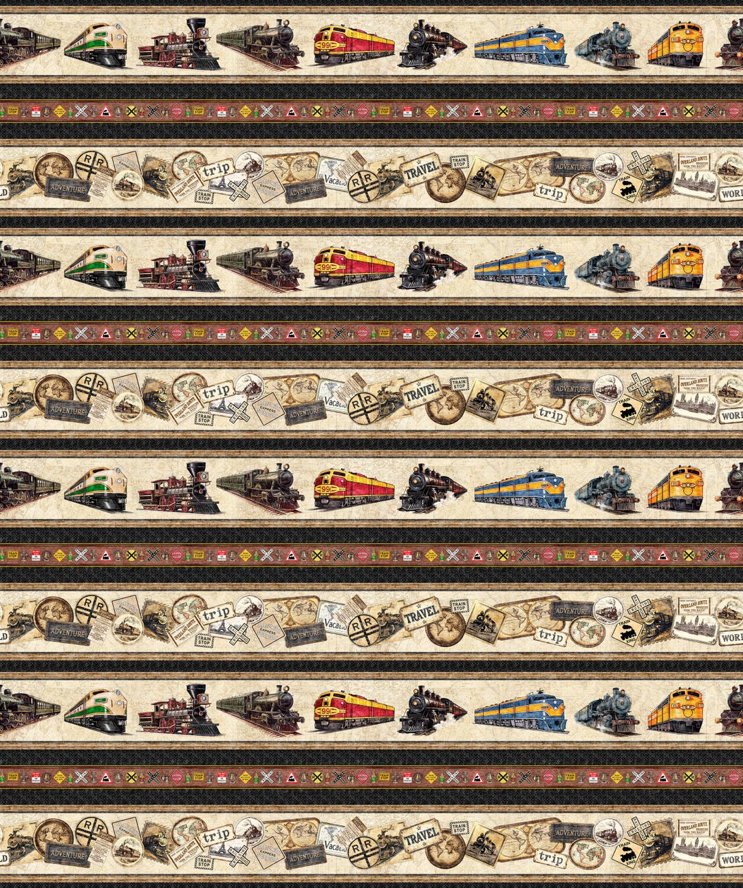 Train Border Stripe Cotton Fabric, 31634-X Steam & Steel, Dan Morris ...