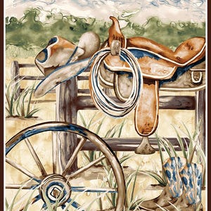 24 Inch Western Panel Cotton Fabric, 1604P-33, Western View, Denise Sullivan, Henry Glass Cowboy Horse Wrangler Rodeo Decor Wall Hanging
