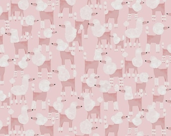May include: A repeating pattern of pink poodles with white fluffy fur and pink bodies on a light pink background. The poodles are in various poses, creating a playful and whimsical design. This pattern is suitable for fabric, wallpaper, or other decorative items.