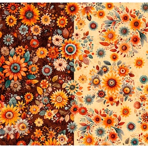 May include: A fabric pattern featuring a dense arrangement of sunflowers and small floral elements in shades of orange, yellow, and teal. The design is split vertically between a dark brown background on the left and a light cream background on the right.