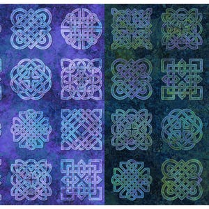 May include: A fabric panel featuring a grid of Celtic knot designs in shades of blue, green, and purple. The knots vary in shape and complexity, set against a mottled background. Ideal for quilting or crafting projects.