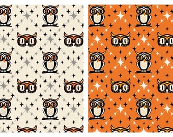 May include: Two seamless patterns featuring owls with large eyes and a black and white striped design. The owls are perched on branches and surrounded by white stars on a beige background and orange stars on an orange background.
