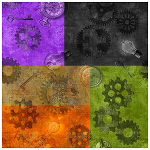 May include: A collage featuring steampunk-themed elements. The image is divided into sections of purple, black, orange, and green. It includes gears, keys, light bulbs, and pocket watches, all with a vintage, distressed look.