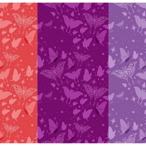 May include: Three panels of fabric with repeating patterns of butterflies and stars. The panels are in shades of red, purple, and lavender. The butterflies have detailed wing patterns, and the stars are small and scattered.
