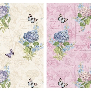 May include: Two floral patterns featuring watercolor illustrations of hydrangeas and butterflies. One pattern has a cream background, the other a pink background. Both include script text. The hydrangeas are blue, purple, and pink.