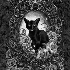 Black Cat Floral Panel Halloween Cotton Fabric CD2097 Wicked Timeless Treasures Haunted house Spooky gothic decor easy Wall Hanging 24''