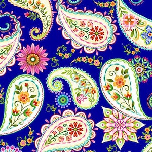 May include: A vibrant, repeating pattern on a deep blue background. The design features large paisley shapes in cream, adorned with colorful floral and leaf details in shades of orange, pink, and green. Smaller floral elements and swirls fill the spaces.
