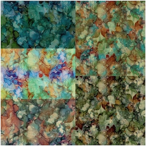 May include: A collage of six abstract watercolor designs. The color palette includes shades of teal, green, orange, blue, and brown. The patterns have a fluid, organic appearance, resembling ink or paint spreading across a surface.