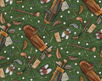 Golfing Equipment Cotton Fabric, Par for the Course CD3854 Timeless Treasures Golf Club Tee Bag FQ Fat Quarter Eighth BTY By Yard Precuts