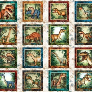 May include: A fabric panel featuring sixteen square images of various dinosaurs in a jungle setting. Each dinosaur is framed in a different color, with a floral pattern in the background. The dinosaurs are depicted in shades of green, brown, orange, and blue.