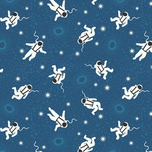 May include: A repeating pattern of white astronauts floating in space against a dark blue background. The design includes stars and swirling galaxies, creating a cosmic theme. The astronauts are in various poses.