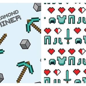 May include: A digital illustration of a Minecraft themed pattern with a pickaxe, blocks, and the text "DIAMOND MINER". The second pattern features a repeating pattern of hearts, swords, armor, and legs.