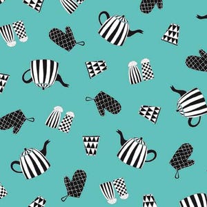 May include: A seamless pattern featuring black and white illustrations of kitchen items on a turquoise background. The pattern includes teapots, oven mitts, salt and pepper shakers, and geometric shapes.