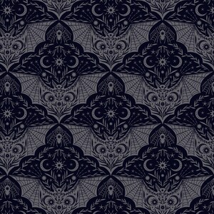 May include: A seamless pattern featuring bats, spiders, and crescent moons on a dark blue background. The design is in a grey colour and has a gothic, vintage aesthetic.