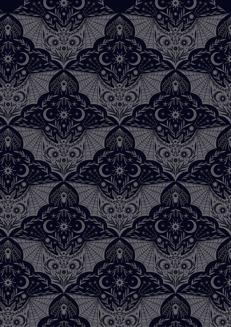 May include: A seamless pattern featuring bats, spiders, and crescent moons on a dark blue background. The design is in a grey colour and has a gothic, vintage aesthetic.