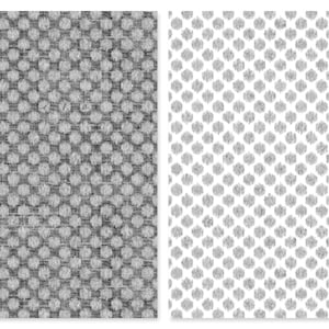 May include: Two fabric swatches with a repeating pattern of small, gray circles. The fabric on the left is a darker gray and has a more textured appearance. The fabric on the right is a lighter gray and has a smoother appearance.
