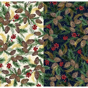 May include: Two seamless patterns featuring a festive Christmas design. One pattern has a cream background, the other a dark blue. Both feature pine cones, red berries, and green and gold foliage, creating a holiday theme.