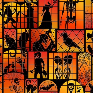 May include: A colorful digital illustration of a Halloween themed pattern with various spooky characters and symbols. The pattern features a black cat, a skeleton, a bat, a crow, a werewolf, a witch, a ghost, and a spider web. The background is a gradient of orange, yellow, and red.