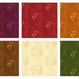 May include: Six seamless patterns featuring various shades of brown, red, orange, green, and cream. Each pattern is filled with stylized leaves and acorns.
