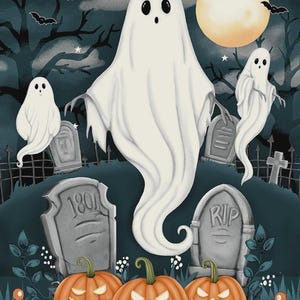 May include: A Halloween-themed illustration featuring white ghosts, jack-o'-lanterns, tombstones, and a full moon. The background is a dark teal with bats and stars. The pumpkins are orange with carved faces. The ghosts have a simple, cartoonish design.