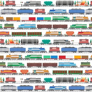 Let&#39;s Go Digital Trains Cotton Fabric, Let&#39;s Get Going Y4466-1, Clothworks, FQ Fat Quarter BTY By the yard Precuts, On the Go Railroad Train