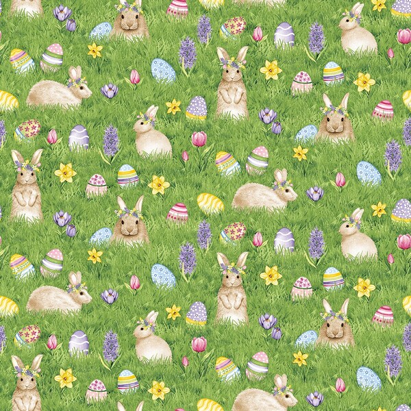 Bunnies and Eggs on Grass Cotton Fabric 1066-66, Hoppy Hunting Kitten Studio Henry Glass, BTY FQ Fat Quarter Eighth By Yard Easter Rabbit